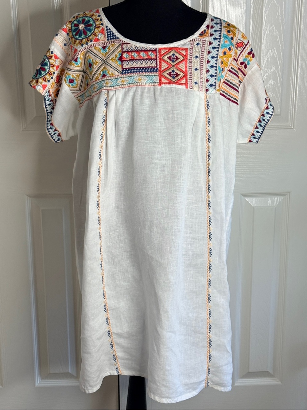 Johnny Was JWLA Chandra Linen Embroidered Tunic Dress White Size L EUC